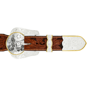 A custom western three piece belt buckle set featuring a silver plated base with a customizable western scene 